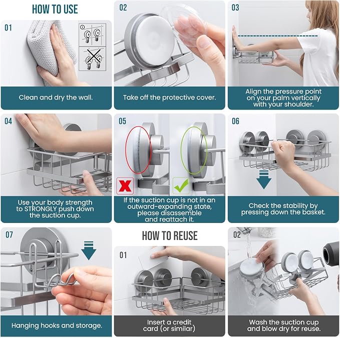 TAILI Corner-adaptive Suction Cup Shower Caddy 2 Pack, Stainless Steel Rustproof Corner Shower Shelves, Drill-Free Wall Mounted Baskets, Large Capacity, Removable Suction Cup Bathroom Organizer, Gray