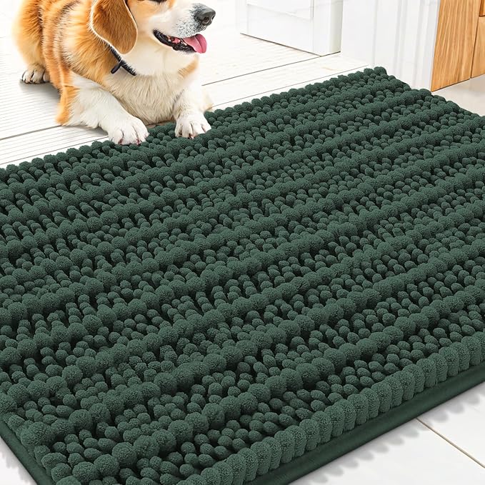 Smiry Dog Door Mat for Muddy Paws 30x20, Absorbent Dirt Trapper, Non-Slip Washable Chenille Entryway Rug for Inside Floor, Green, Layered Pattern