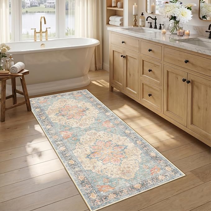 RELEANY Area Rugs Runner 2'6"x5' Washable Non-Slip, Floral Vintage Distress Medallion Carpet for Kitchen Hallway Bedroom Beside Laundry Room Bathroom, Blue Orange Red