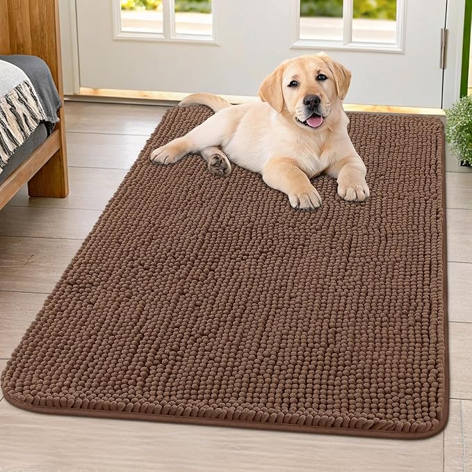 Smiry Dog Door Mat for Muddy Paws 40x32, Absorbent Dirt Trapper, Non-Slip Washable Chenille Entryway Rug for Inside Floor, Mocha, Classic Solid