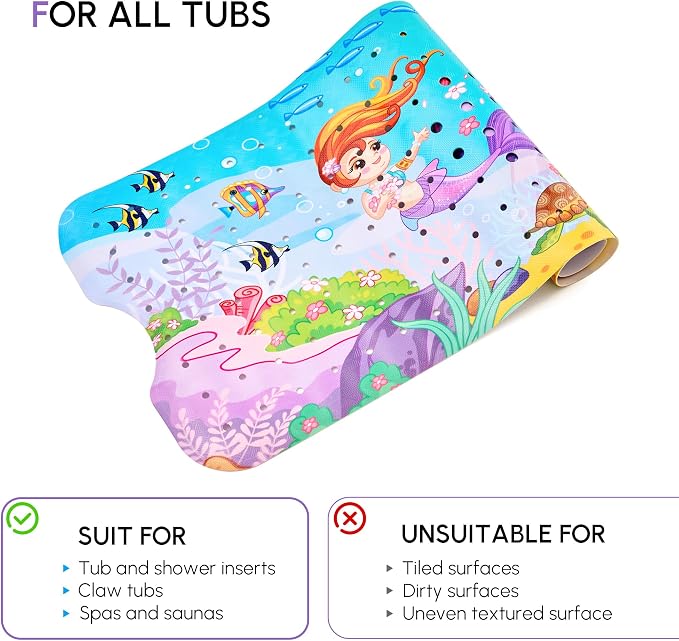 VANNOKOR Baby Bath Mat for Tub Non Slip Kids, 40 X 16 Inch Extra Long Bathtub Mat with Drain Holes and Suction Cups, Anti Slip Shower mat Machine Washable, Mermaid