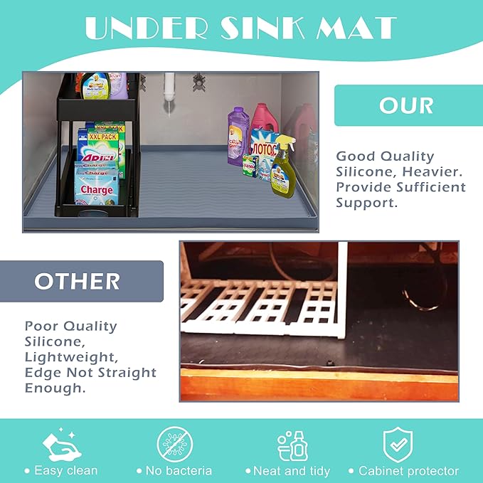 URMONA Waterproof Silicone Under Sink Mat 34'' x 22'' Shelf Liner for Kitchen and Bathroom, Cabinet and Counter Protector, Storage and Organizers, Litter Mat, Pet Cat Puppy Essentials(Khaki)