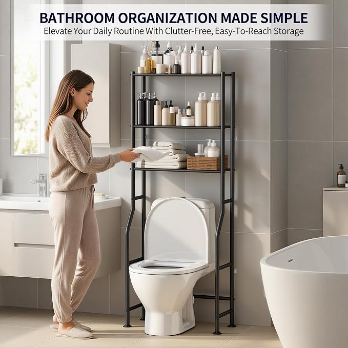 3-Tier Over The Toilet Storage, Freestanding Metal Bathroom Shelves, Space Saver Above The Over Toilet Storage Shelf for Bathroom (Black)