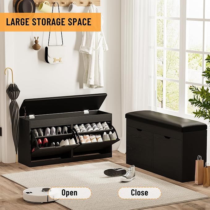 40" Shoe Storage Bench with Flip Drawers Padded Seat Cushion, Shoe Cabinet with Lift Top Storage Box, Shoe Bench Shoe Organizer for Entryway, Hallway, Living Room, Black