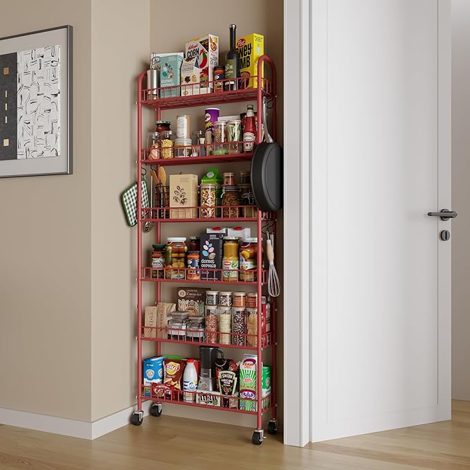 Slim Rolling Storage Cart 6 Tier, Metal Kitchen Rolling Utility Cart with Lockable Wheels for Kitchen, Bathroom, Office, Laundry Room, Small Narrow Spaces (Red 6 Inches)