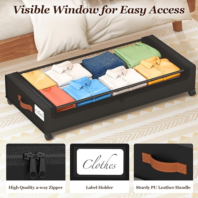 Yecaye 70 L Under Bed Storage with Wheels, 3 Pack Larger Capacity Under Bed Storage Containers, Underbed Shoe Storage Organizer, Rolling Under Bed Metal Drawers for Clothes, Blankets, Black