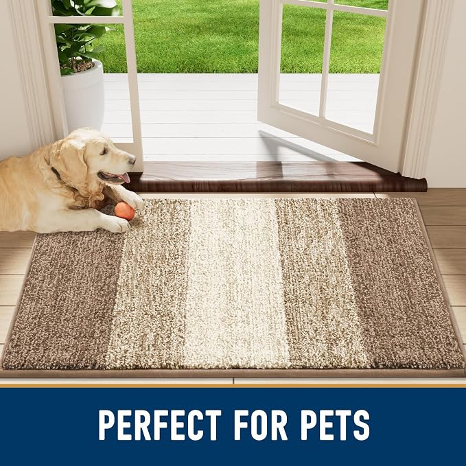 Smiry Dog Door Mat for Muddy Paws, Absorbs Moisture and Dirt, Low-Profile Entryway Mat with Non-Slip Backing, Entry Indoor Outdoor Doormat for Inside Floor (30x20 Inches, Khaki, Striped)