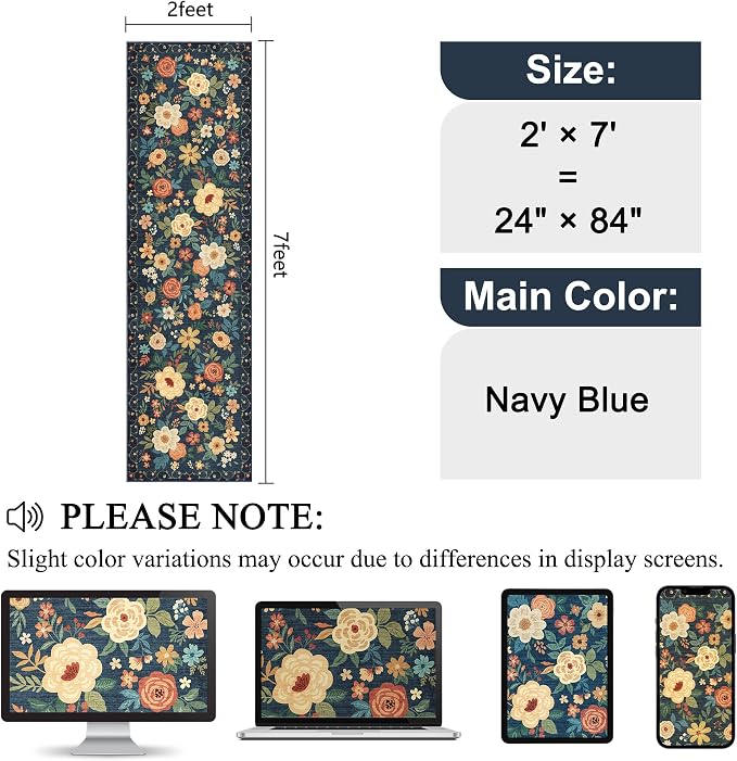 DUKINO Runner Rug, 2x7 Boho Kitchen Rug for Hallways with Low Pile Design, Washable Non Slip Backing Soft Floral Runner for Kitchen, Hallway, Entryway, Bedroom, Laundry, Navy Blue
