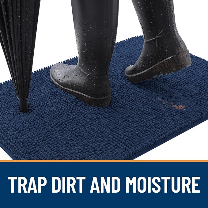 OLANLY Dog Door Mat for Muddy Paws 44x32, Absorbs Moisture and Dirt, Absorbent Non-Slip Washable Doormat, Quick Dry Chenille Mud Mat for Dogs, Entry Indoor Entryway Carpet for Inside Floor, Dark Blue