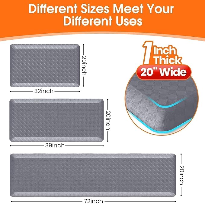 StepRite 1” Thick Kitchen Mats for Floor, Anti Fatigue Kitchen Rugs, Non-Slip,Heavy Duty Water Resistant Kitchen Rug, Standing Desk Mat for Friends, Family, Home, Kitchen, Office (32" x 20", Grey)