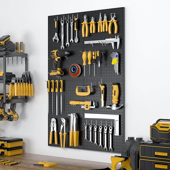 Spampur Peg Board, 8 Pack Metal Pegboard Panels with 50 Hooks, Black Pegboards Wall Organizer, Heavy Duty Peg Board for Walls Home, Garage Tool Storage, Office Organization, Craft Room, Kitchen