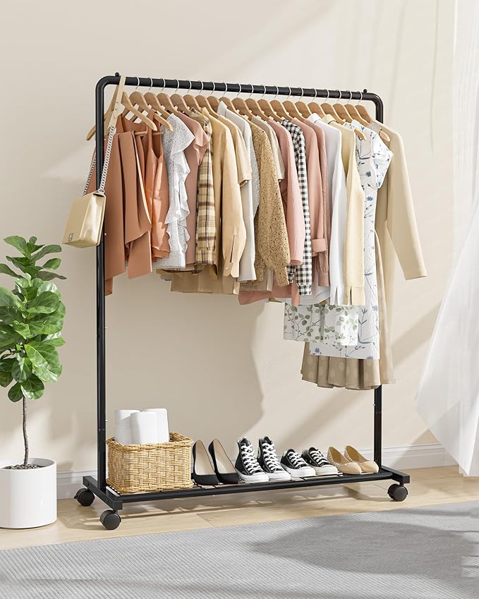 Sakugi Clothes Rack - Clothing Rack with Storage Mesh Shelf & Casters, Heavy-Duty Metal Clothing Rack for Hanging Clothes, Dresses, Coats, Large Load Capacity, Easy Assembly, Black, 44.3"x16.9"x59.0"