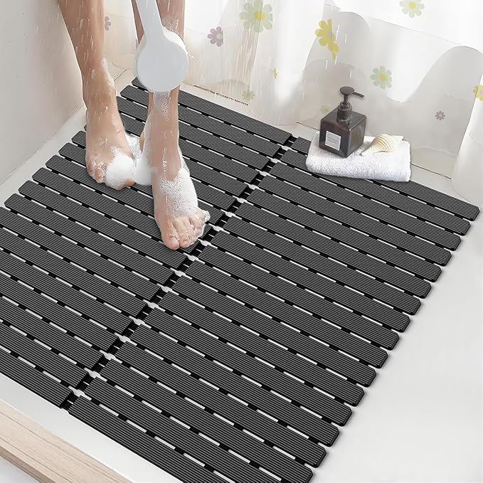 Shower Mat Non-Slip Bath Mat for Tub and Shower Stall,236 Suction Cups with Drain Holes, Quick Dry Machine Washable, Extra Grip for Stand Up Showers, Bathroom Essentials 24x24 Inch(Black)