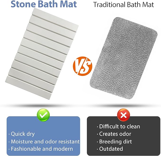Foldable Stone Bath Mat, Quick Drying Diatomaceous Earth Shower Mat with Non-Slip Rubber Backing, 23.6 x 15.4 inch, Super Absorbent Stone Mat for Bathroom Floor, Easy to Clean