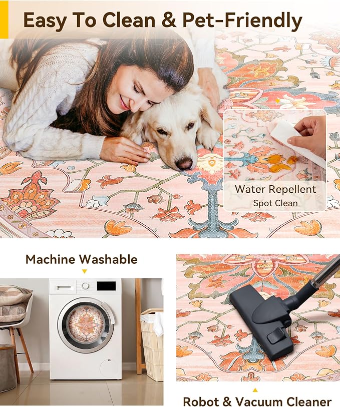 RELEANY Area Rugs Round 8ft Washable Non-Slip, Floral Vintage Distress Medallion Carpet for Living Room Bedroom Dining Room, Light Pink Colorful