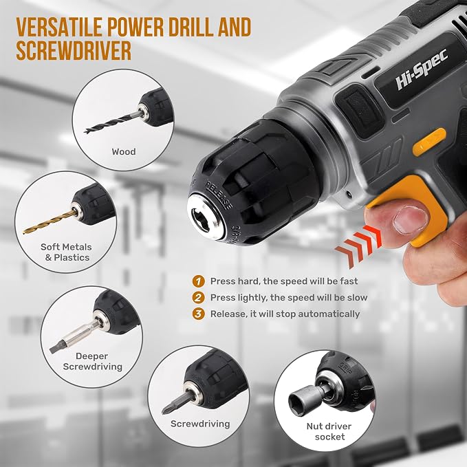 Hi-Spec Tool Kit with 8V Cordless Drill Set. Complete DIY Tool Set for Essential Everyday Home Repair & Maintenance. USB Rechargeable Electric Drill in a Compact Toolbox Case.
