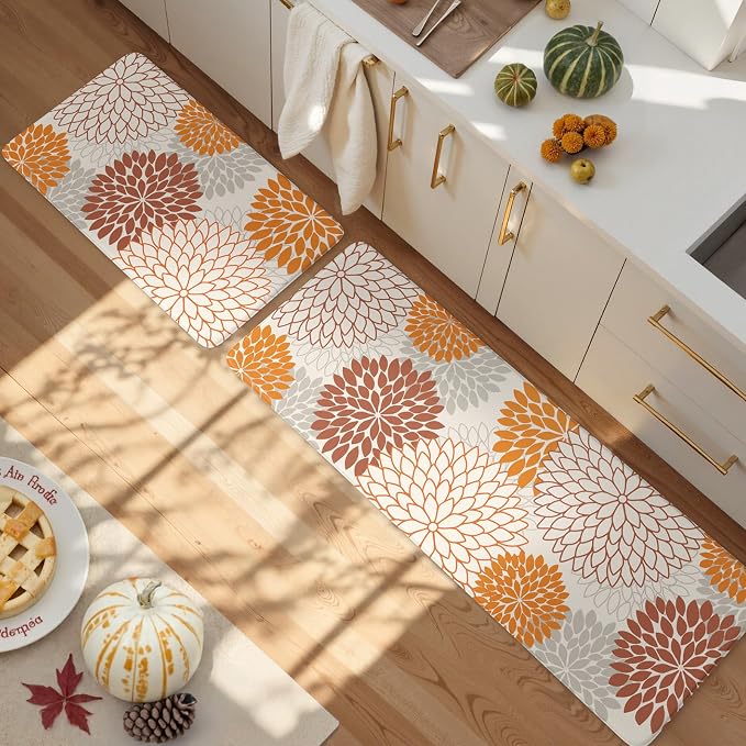 KIMODE Kitchen Mats for Floor Anti Fatigue, 17"x47"+17"x29" Dahlia Floral Kitchen Floor Mats,Farmhouse Kitchen Rugs Non Slip Cushioned, Comfort Standing Desk Mat for Sink, Laundry, Desk Orange