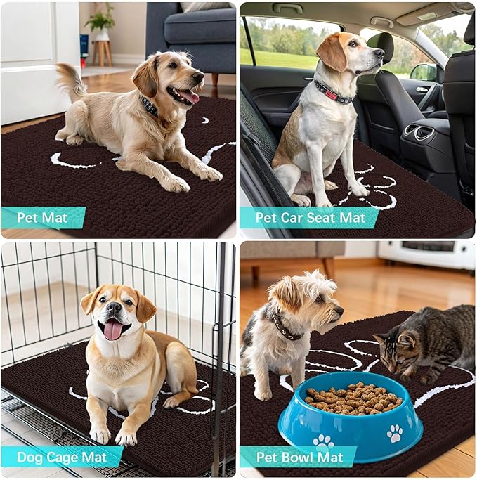 OLANLY Dog Door Mat for Muddy Paws 34x21, Paw Print Design, Absorbs Moisture and Dirt, Absorbent Non-Slip Washable Doormat, Quick Dry Chenille Mud Mat for Dogs, Entry Indoor Entryway Carpet, Brown