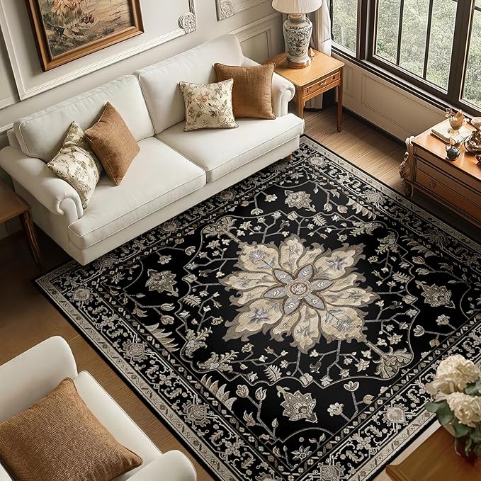 RELEANY Area Rugs Square 6ft Washable Non-Slip, Floral Vintage Distress Medallion Carpet for Living Room Bedroom Dining Room, Black Brown Neutral Dark Tan