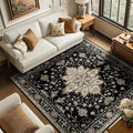 RELEANY Area Rugs Square 6ft Washable Non-Slip, Floral Vintage Distress Medallion Carpet for Living Room Bedroom Dining Room, Black Brown Neutral Dark Tan