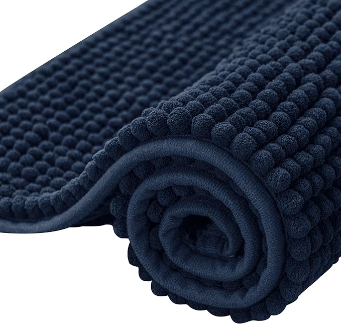 SUBRTEX Bathroom Rugs Chenille Bath Rug Soft Short Plush Bath Mat Soft Shower Mat Water Absorbent Shower Mat Quick Dry Machine Washable(Navy,18" x 24")