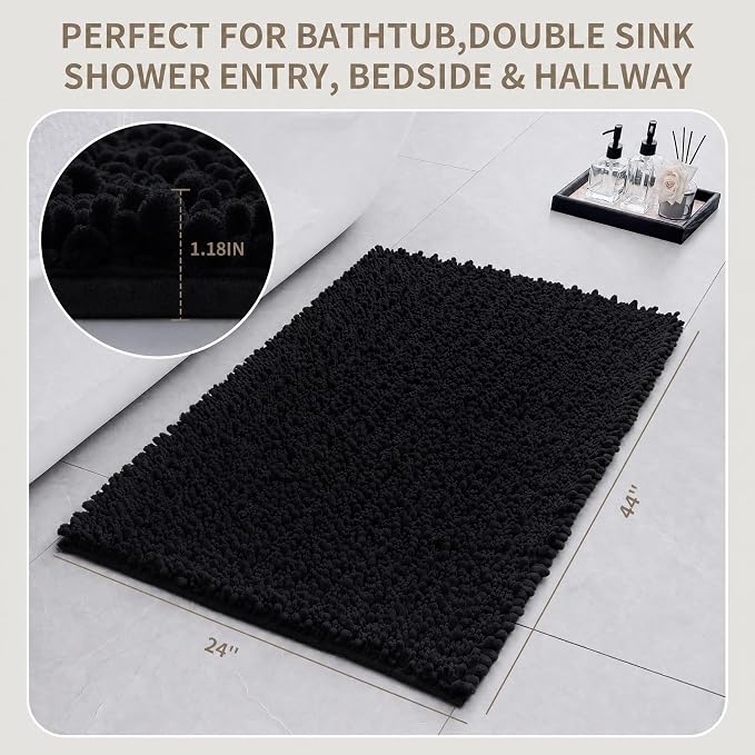 Bathroom Rugs Non Slip Washable 44x24, Extra Thick Soft Chenille Absorbent Bath Mat, High Density Barrier Non Slip Backing, Quick Dry Plush Shaggy Floor Carpet for Tub&Shower, Black