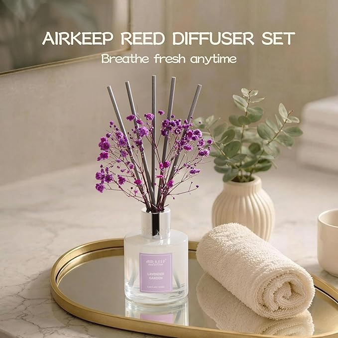 Airkeep Reed Diffuser Set,3.38 fl oz (100 ml) - Lavender Garden Oil Diffusers with 8 Reed Sticks, Home Fragrance Reed Diffuser for Bathroom Shelf Decor