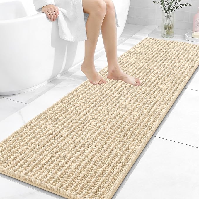 OLANLY Long Bathroom Rugs Runner 59x20, Thick Soft and Absorbent Chenille Bath Mat, Non-Slip, Machine Washable Quick Dry Bath Rugs for Tub Shower Floor, Home Decor Accessories, Beige