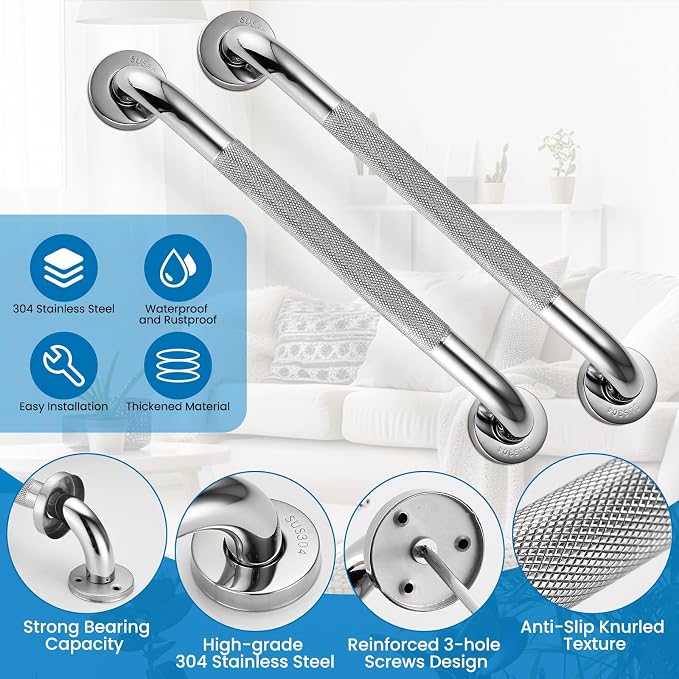 Grab Bars for Shower, Zynuhmo 2 Pack 16 Inch SUS304 Stainless Steel Shower Handles Bathroom Safety Shower Grab Bar Handrails for Handicap Injury Pregnant Senior Assist(Polished Nickel, 1" Diameter)