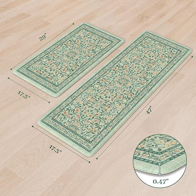 KIMODE Anti Fatigue Mats for Kitchen Floor, 17.3"x29"+17.3"x47" Farmhouse Kitchen Rugs Sets of 2, Cushioned Kitchen Mats for Floor Non Slip, Padded Standing Desk Mat for Sink Laundry Desk Green