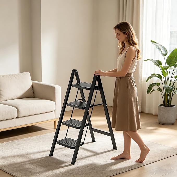 Step Ladder 4 Step Folding, Sturdy 330 Lbs Small Step Stool for Adults, Closet Step Stool Ladder with Anti-Slip Wide Pedals, Portable Folding Ladder for Home Kitchen Office