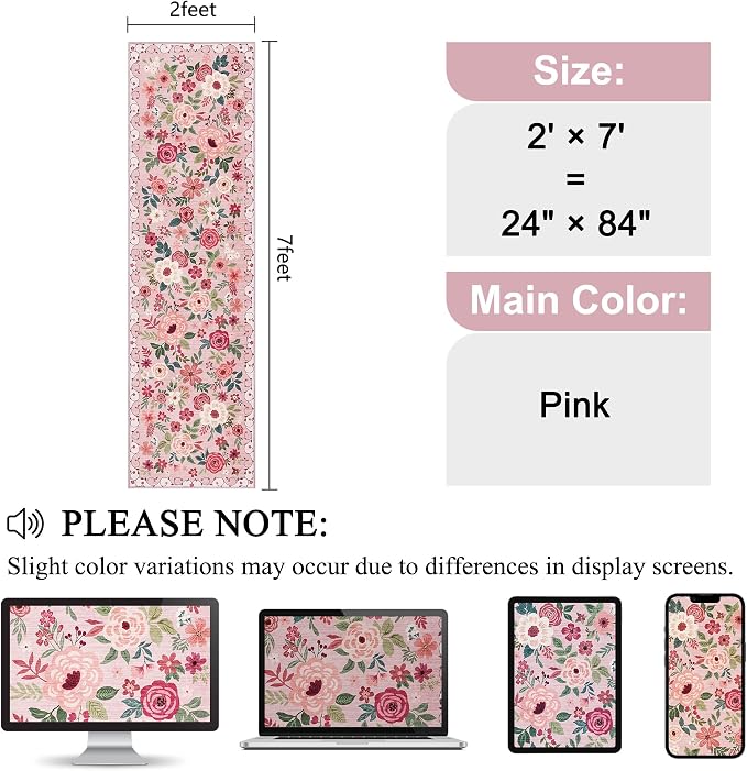 DUKINO Runner Rug, 2x7 Boho Kitchen Rug for Hallways with Low Pile Design, Washable Non Slip Backing Soft Floral Runner for Kitchen, Hallway, Entryway, Bedroom, Laundry, Pink