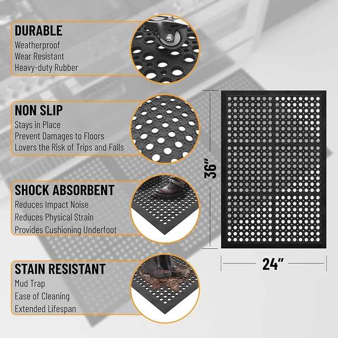 Ottomanson Heavy Duty Rubber Floor Mat – Non-Slip, Waterproof, Easy to Clean – Anti-Fatigue Mat for Commercial Kitchens, Restaurants, Workshops – Oil Resistant, Hose Washable – 24" x 36", Black