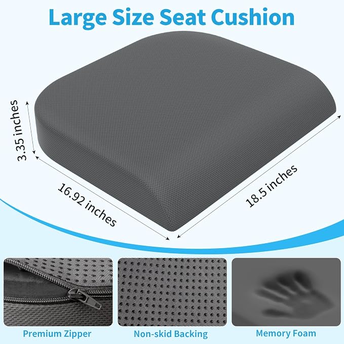 TranquilRelax XLarge Seat Cushion, Soft Foam Cushion for Long Sitting Hours on Office Chair, Home & Car, Non-Slip Chair Pad for Relieving Back & Sciatica & Hip & Coccyx Pain (Grey)