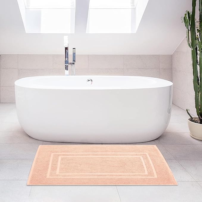 Feather & Stitch 2 Piece Towel Like Bath Mats (30x21 Inch) 100% Cotton Terry Bath Mats, Bathroom Shower Floor Mats [NOT A Bathroom Rug], Soft Absorbent Washable Mats - Pale Peach