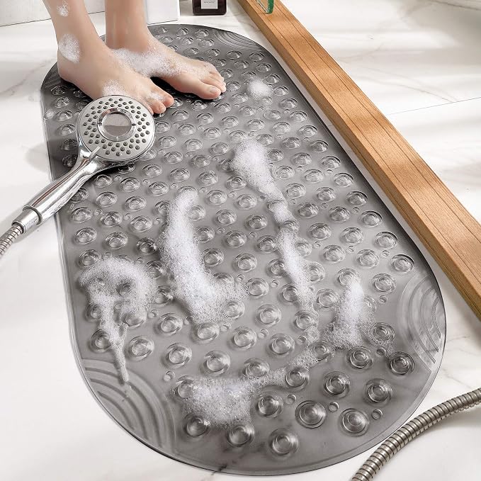 DEXI Bathtub Mat Non Slip 16x35, Shower Floor Mats for Bathroom Bath Tub, Washable Oval Bathmat with Suction Cups and Drain Holes, Clear Gray