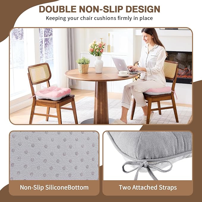 BETU Chair Cushions for Dining Chairs Set of 4,3.5" Thick Kitchen Table Chair Pads with Ties,Non Slip Backing and Covers, Seat Cushion for Dining Room,Bar,Patio Chairs,15.5"X15.5"X3.5",Light Grey