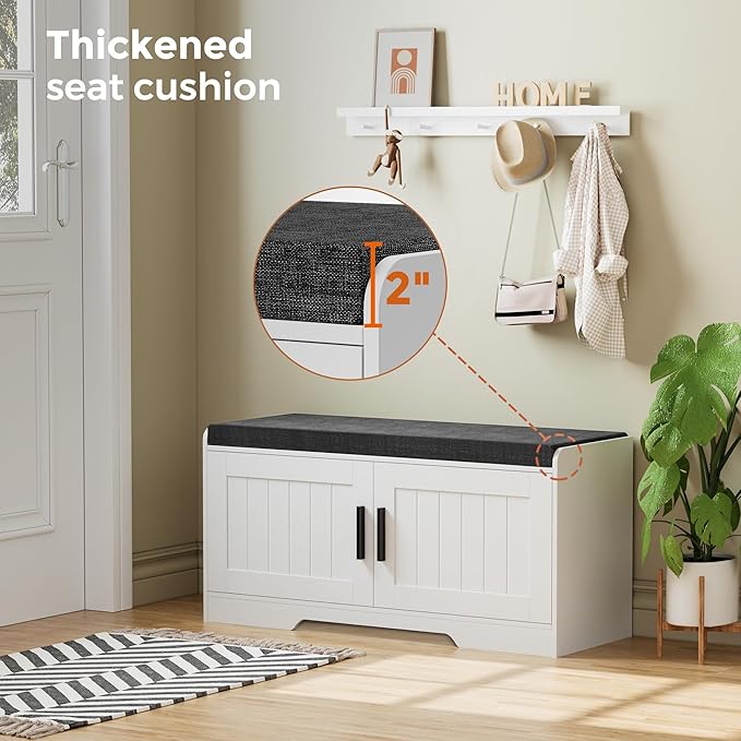 Homleke 2-Tier Storage Bench, Shoe Bench with Thickened Padded Seat Cushion, Entryway Bench with 2 Doors, Adjustable Shelf, 13.8" D x 37.4" W x 18.5" H, for Entryway, Living Room, Bedroom, White
