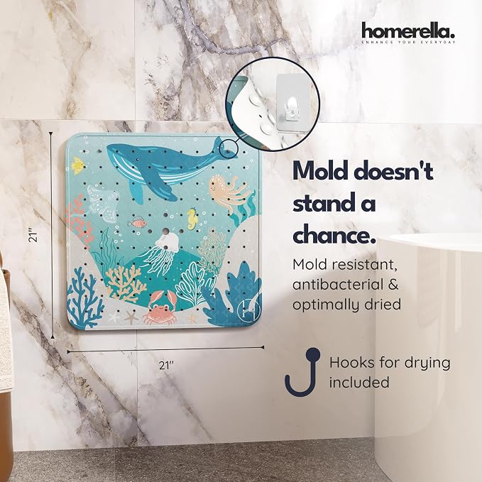 homerella® Shower Mat Non Slip Anti Mold, Non Slip Shower Mats for Inside Shower Stall Anti Slip Mat, Square Shower Floor Mat 21 x 21 in with Suction Cups & Hooks for Quick Drying, Machine Washable