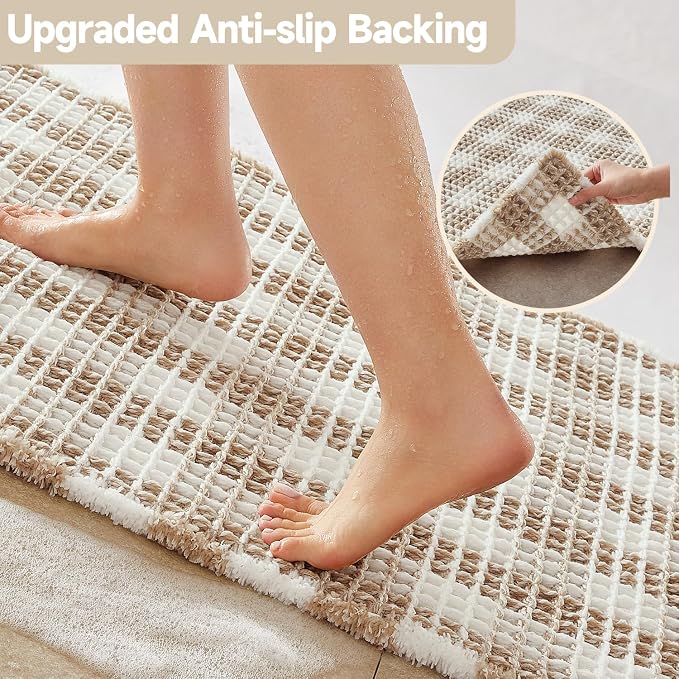 TYUU Waffle Bath Mat, Boho Bathroom Rugs Non Slip Washable Absorbent Checkered Bathroom Mat Quick Dry Farmhouse Bathroom Decor, 36"x24" Khaki and White