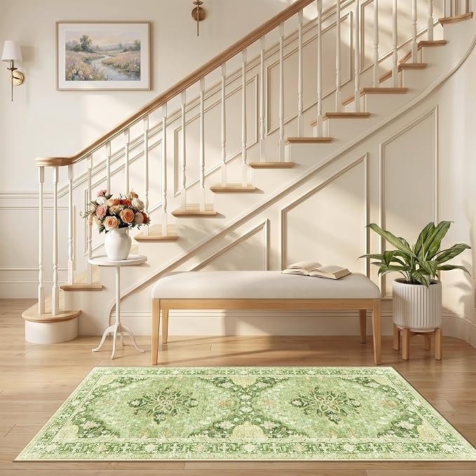 RELEANY Area Rugs Runner 2'6"x5' Washable Non-Slip, Floral Vintage Distress Medallion Carpet for Kitchen Hallway Bedroom Beside Laundry Room Bathroom, Sage Green Yellow