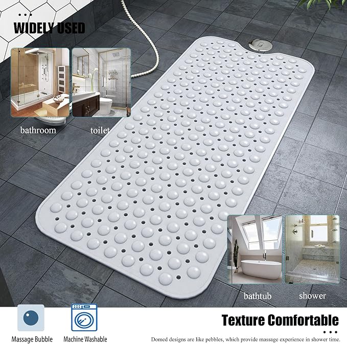 Large Non Slip Bathtub Mat, Extra Long Bath Mat for Tub, 40 x 16 Inch, Machine Washable Shower Mats with Suction Cups and Drain Holes, Bath Tub Mats for Bathroom Non Slip, White