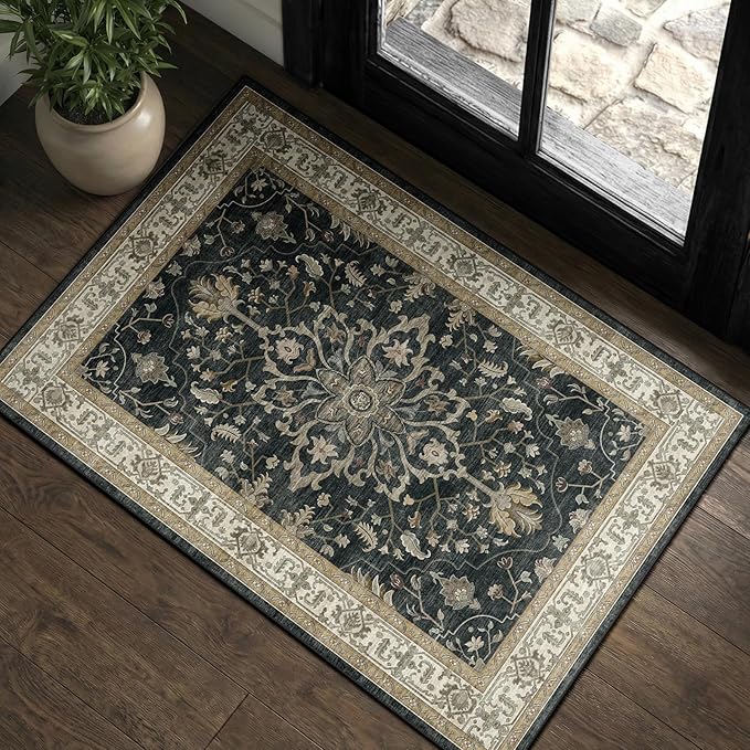 RELEANY Area Rugs Small 2'x3' Washable Non-Slip, Floral Vintage Distress Medallion Carpet for Kitchen Entryway Bathroom, Vintage Black Brown Neutral