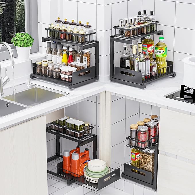 Under Sink Organizer, Heavy Duty Metal Pull Out Cabinet Organizer Slide Out Sink Shelf Organizer Height Adjustable, Multi-Purpose Storage Shelf for Kitchen Bathroom(Black,2Pack)