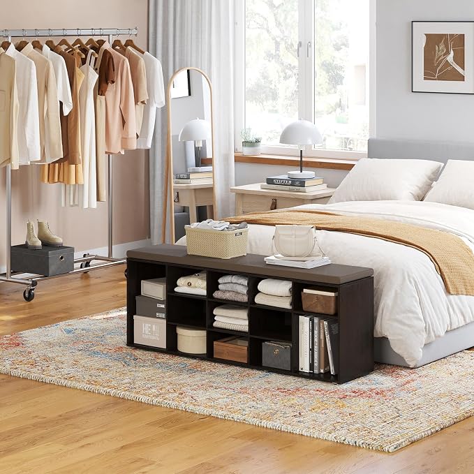 DINZI LVJ Shoe Storage Bench with Cushion, 15-Cubby Shoe Rack, Adjustable Shelves, Long Shoe Organizer Bench for Entryway, Mudroom, Hallway, Living Room, Bedroom and Garage, Espresso