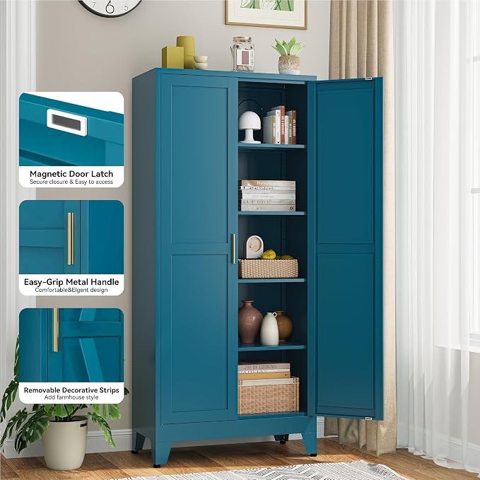 Bevivog Metal Kitchen Pantry Cupboard Cabinet, 71" Blue Storage Cabinets with 2 Doors and 4 Adjustable Shelves for Kitchen/Home Office/Dining Room/Living Space