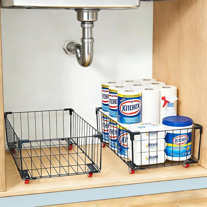 2Pack, Under Sink Organizer,Cabinet Organizers and Storage, Metal Storage Basket,Large capacity, Can Hold 40-70 Liters, Easily Push And Pull, Convenient For Cleaning Under Sink