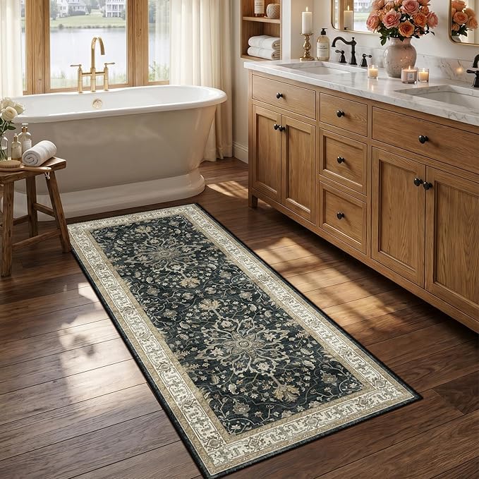 RELEANY Area Rugs Runner 2'6"x5' Washable Non-Slip, Floral Vintage Distress Medallion Carpet for Kitchen Hallway Bedroom Beside Laundry Room Bathroom, Vintage Black Brown Neutral