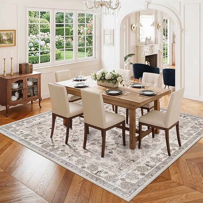 5x5 Square Washable Rug for Living Room: Non Slip Indoor Entryway Foot Carpet for Kitchen, Boho Soft Beige 5ftx5ft Low Pile Neutral Area Rug for Dining Room Bathroom (Beige, 5x5)