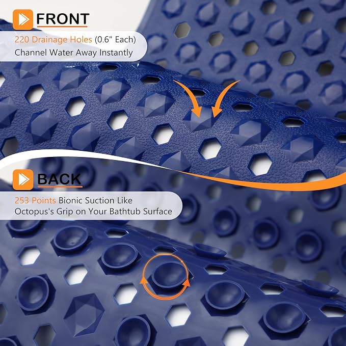 Yimobra Bathtub Mat Non Slip, 34.5"X15.5" Long Shower Mat for Inside Shower, Machine Washable Bath Mat with Drain Holes & Strong Suction Cups, Soft on Feet, Bathroom Essentials, Dark Blue